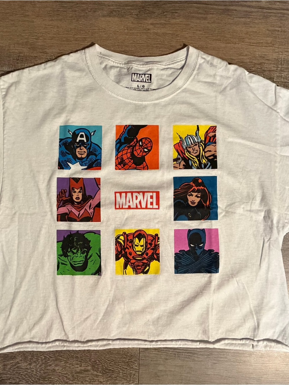 Marvel White Short-Sleeve Tee with Multicolor Superhero Panels graphic tee